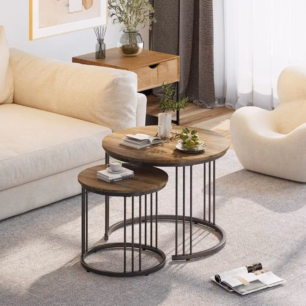 Huhote Set of 2 Round Nesting Coffee and Side Tables with Brown Wood Tops and Metal Frames – 2