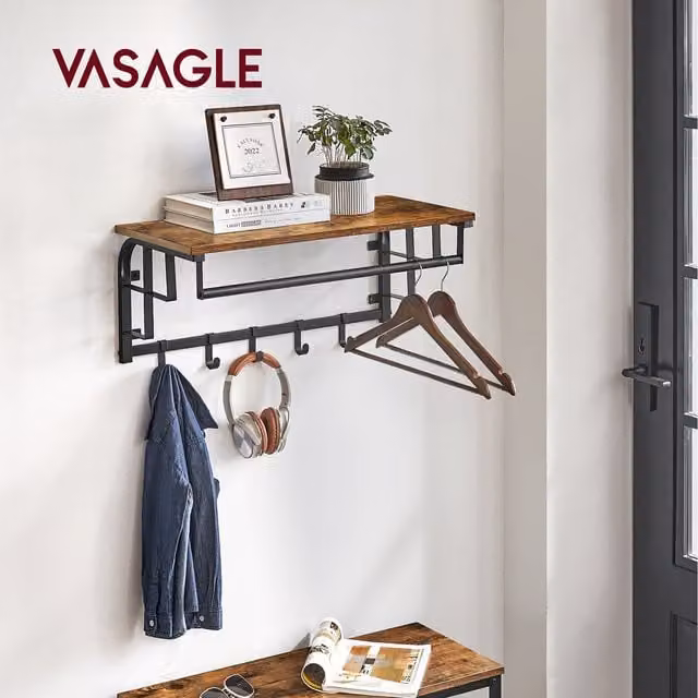 VASAGLE Rustic Wall-Mounted Coat Rack with Shelf and Hooks in Bronze and Brown, W/D/H: 66 x 30 x 15 cm