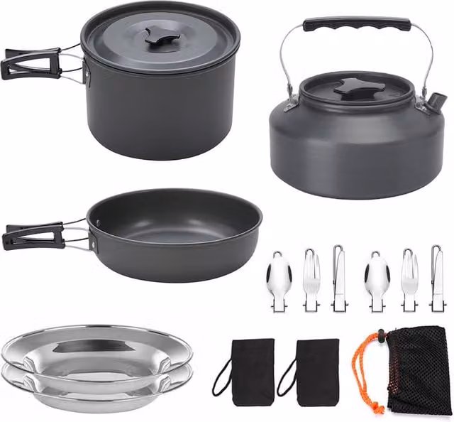 Living and Home Portable Aluminium Cookware Set with Pan, Pot, Teapot and Storage Bag in Black – 1