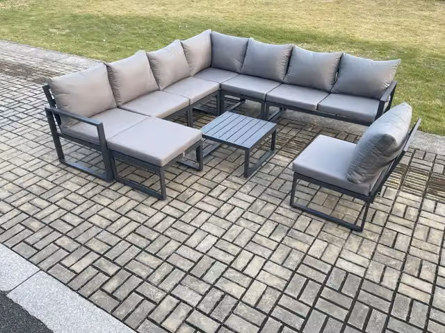 Fimous 9 Seater L-Shape Outdoor Garden Furniture Set in Dark Grey with Powder Coated Aluminium Frame, Square Coffee Table and Ottoman