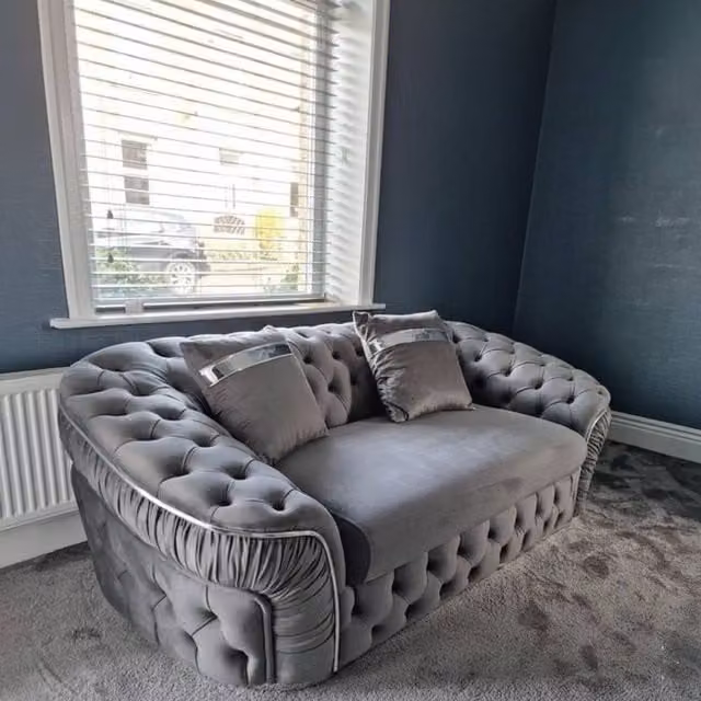 Stratus Interiors Ambassador Chesterfield 2 Seater Sofa in Mid Grey Plush Velvet with Gold Trim