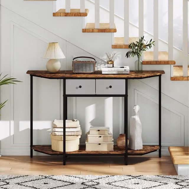 COSTWAY Geometric Industrial Console Table with 2 Drawers, Brown
