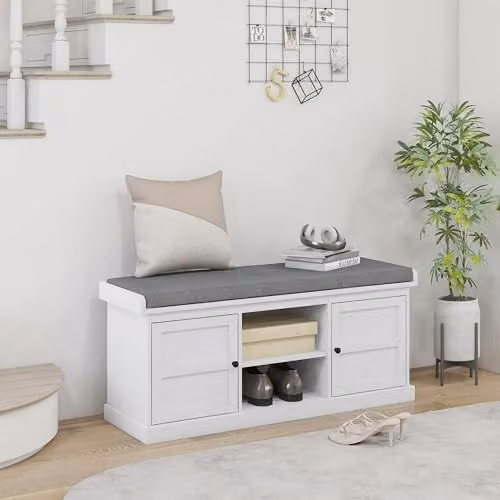 HOMCOM White Shoe Bench with Fabric Cushioned Seat and Adjustable Shelves for Hallway – 2