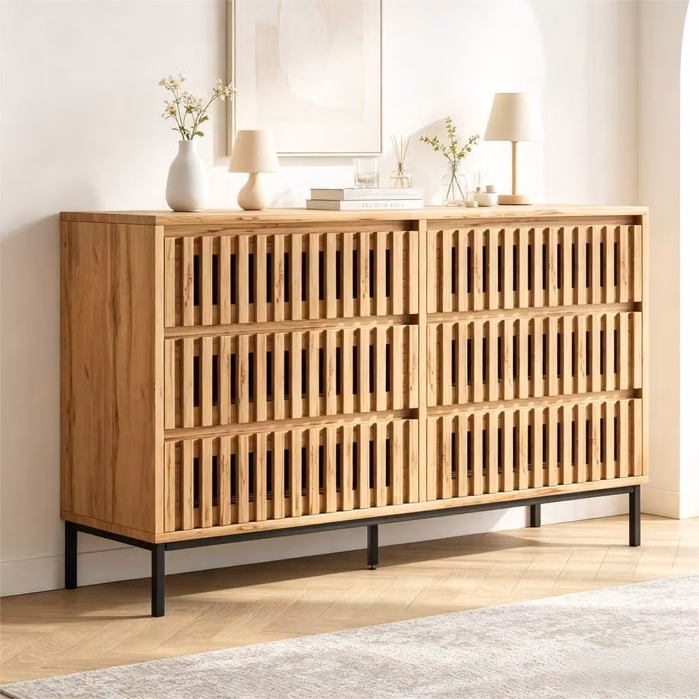 Rolipo Brown Wooden 6 Drawer Handleless Sideboard Storage Cabinet – 3