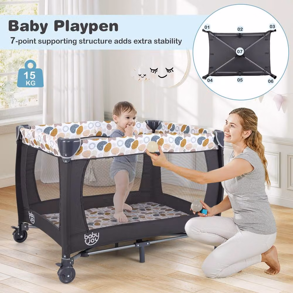 CASART Foldable Nursery Center Bassinet and Baby Playard with Diaper Changing Table in Grey and Multicolour – 7