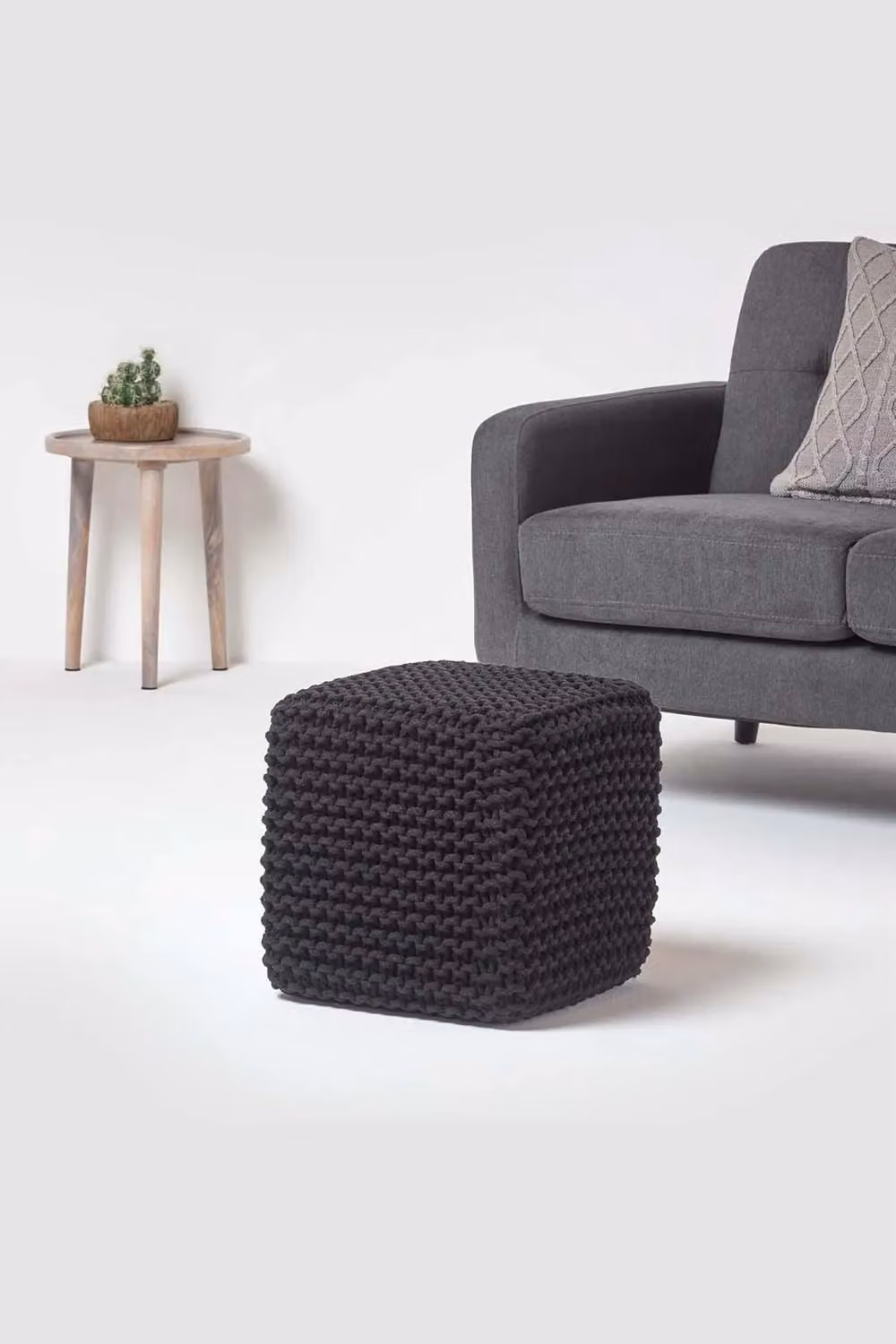 Homescapes Cube Cotton Knitted Pouffe Footstool in Black – 2