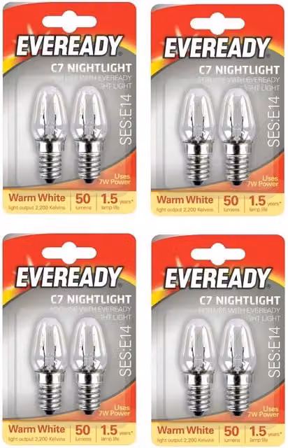 Eveready Pack of 2 E14 Warm White Candle Filament Replacement Night Light Bulbs, 7W