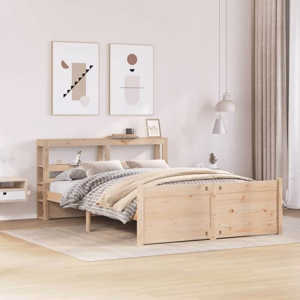 Berkfield Home Small Double Bed Frame with Headboard in Beige, Solid Pine Wood, W/D/H: 120 x 200 cm – 1