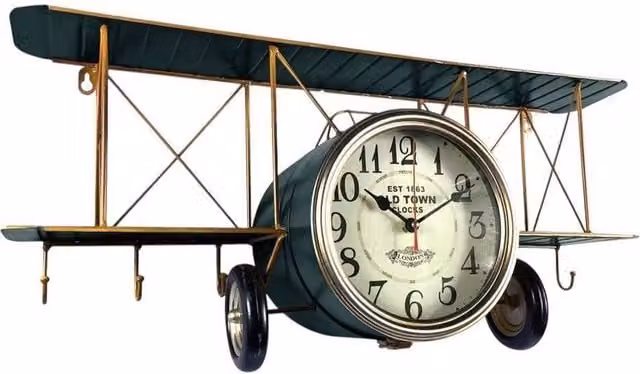 Minster Aeroplane Vintage Analog Tabletop Clock in Blue, W: 18 cm, D: 28 cm, H: 64 cm