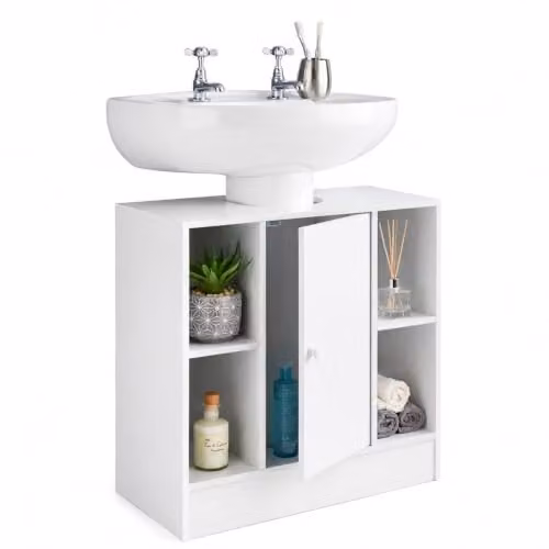 Spot On Dealz White Under Sink Bathroom Storage Cabinet, Freestanding MDF Floor Unit with Hinged Doors and Open Shelf, W/D/H: 60 x 30 x 60 cm – 2