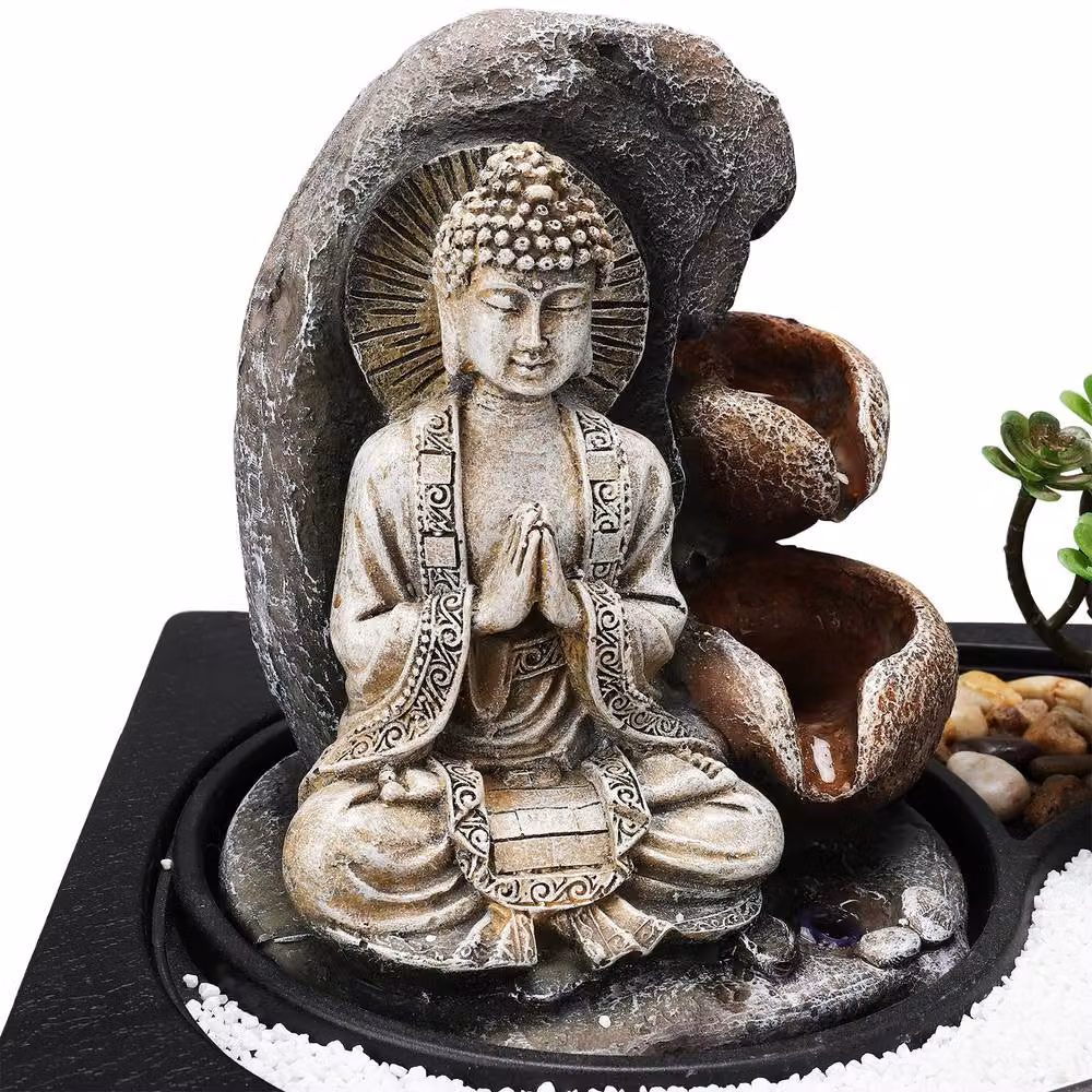 Living and Home Buddha Zen Tabletop Water Fountain with LED Light in Sand – 4