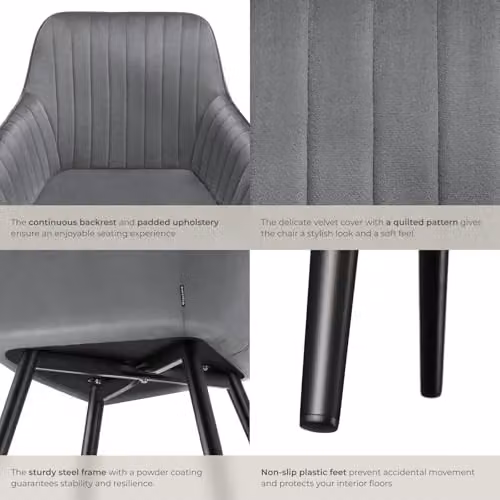 tectake Dining Chair with Quilted Velvet-Look Cover and Armrests in Grey/Black – 6