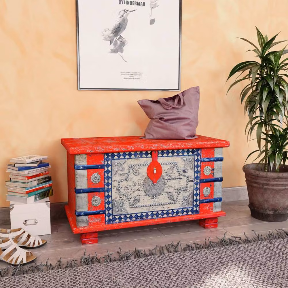 Berkfield Home Red Mango Wood Oriental Storage Chest, W: 80 cm, D: 40 cm, H: 45 cm – 6