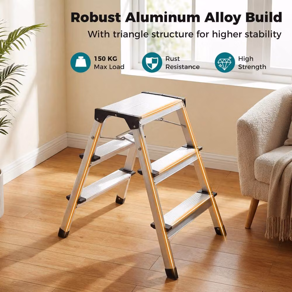 Gymax 3-Step Dual-Sided Aluminium Folding Step Ladder with Wide Anti-Slip Pedals in Silver – 2
