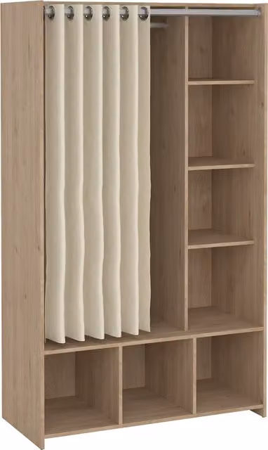 Furniture To Go Uppsala Open Wardrobe Unit in Jackson Hickory Oak with Beige Textile Curtain