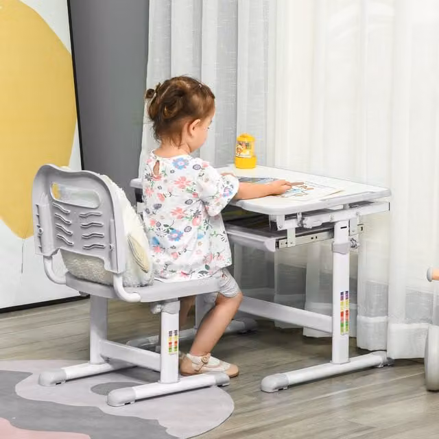 HOMCOM Kids Height Adjustable Writing Desk and Chair Set in Grey