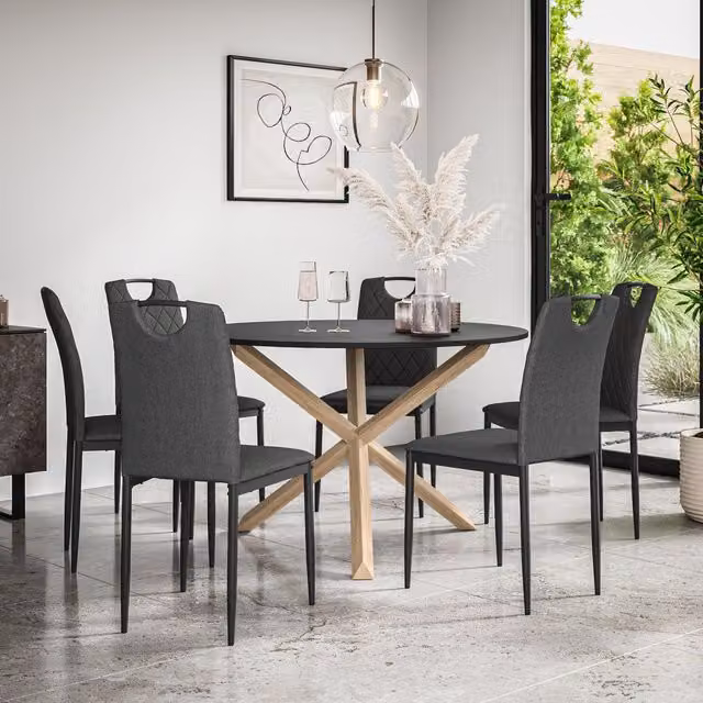 More4Homes Malvern Round Dining Table and 6 Monza Fabric Dining Chairs Set, Black Top with Solid Oak Legs and Charcoal Chairs, Diameter: 120 cm, Height: 75 cm