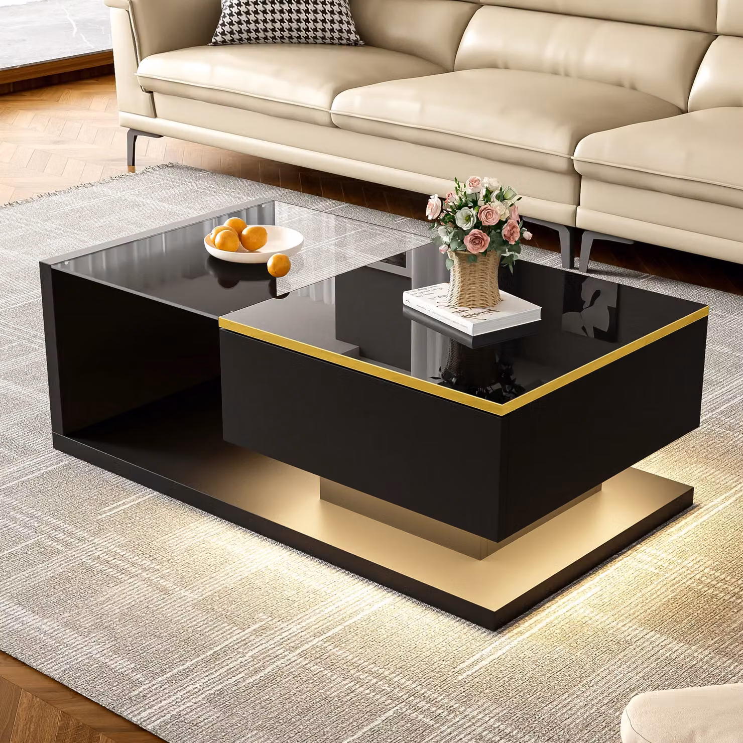 Matteo Modern High-Gloss Black Rectangular Coffee Table with Glass Top and Storage – 2