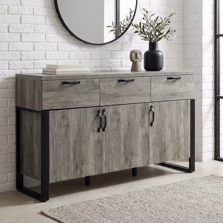 Millwright 3 Door Sideboard with Drawers in Grey and Black Industrial Style, W/D/H: 150 x 40 x 80 cm