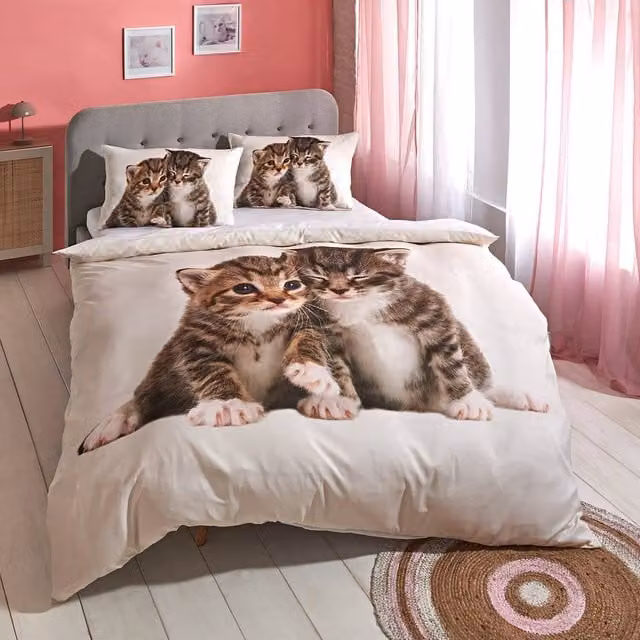 Coopers of Stortford Cat Print Duvet Cover and Pillowcase Set, Beige and Multicolour, W: 140 cm, H: 200 cm