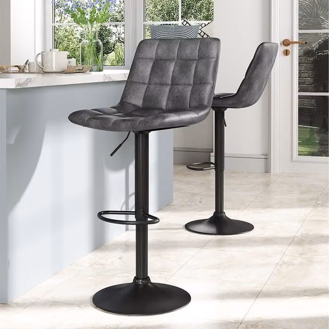 Komore Set of 2 Modern Upholstered Swivel Bar Stools in Black, Grey and Multicolour Synthetic Leather with Metal Base