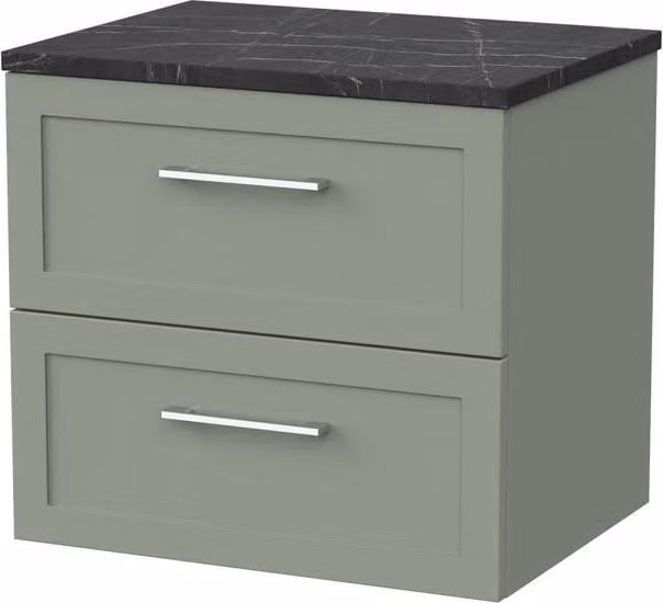 Balterley Stonnall Wall Mounted 2 Drawer Bathroom Vanity with Black Pietra Top, Reed Green, Width: 60 cm