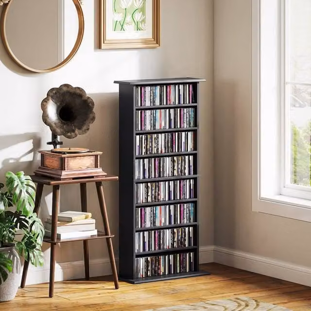 EONLION Black Modern Freestanding Storage Unit with Adjustable Shelves and Media Compartments
