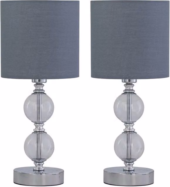 First Choice Lighting Set of 2 Chrome Two Ball Table Lamps with Grey Fabric Shades – 1
