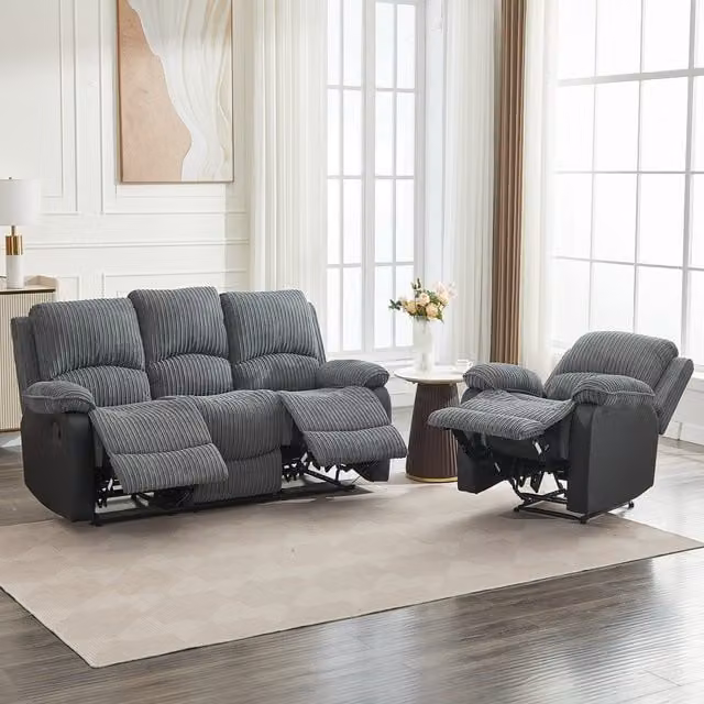 Furniture One Grey Corduroy 4 Seater Manual Reclining Sectional Sofa