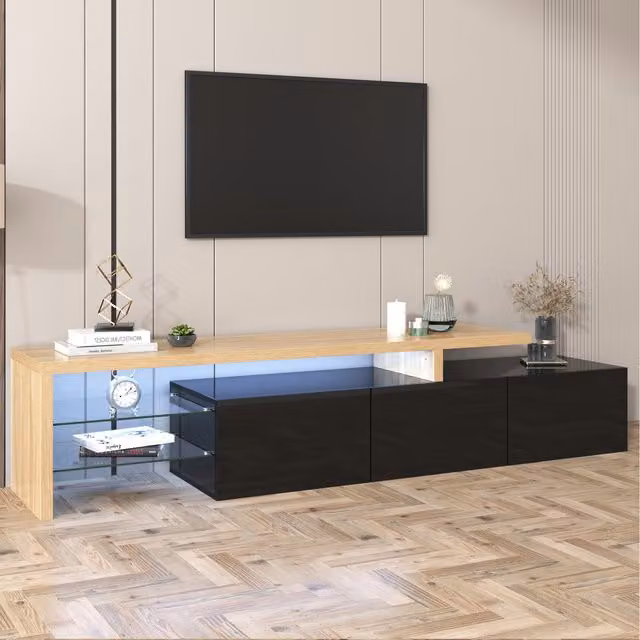 Home Touch Interior Modern LED TV Stand with Open Glass Shelves in Black and Brown