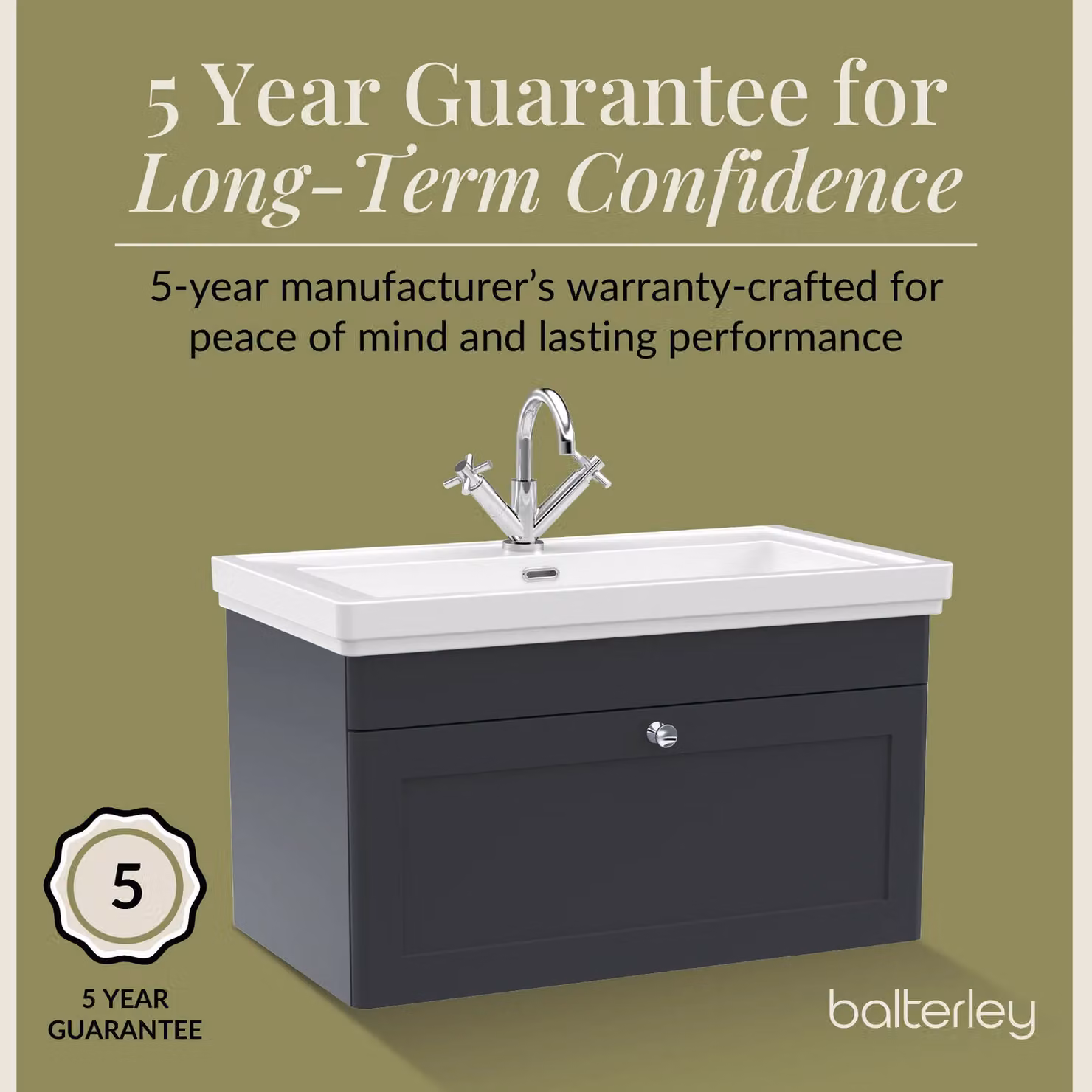 Balterley Wall Hung 1-Drawer Bathroom Vanity Unit and Fireclay Basin, Grey, Width: 80 cm – 4