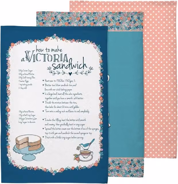 Orsina Pretty Things Floral Country House Tea Towels in Petrol, Pink and Blue