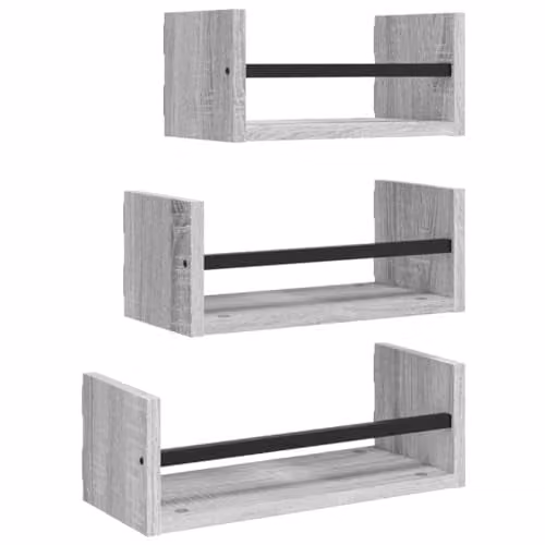vidaXL 3 Piece Wall Mounted Shelf Set with Bars in Grey Sonoma Engineered Wood and Metal – 1