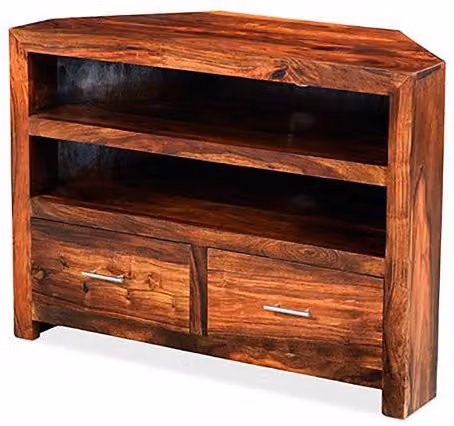Archers Santa Clara 2 Drawer Acacia Wood Corner TV Cabinet in Brown with Silver Details