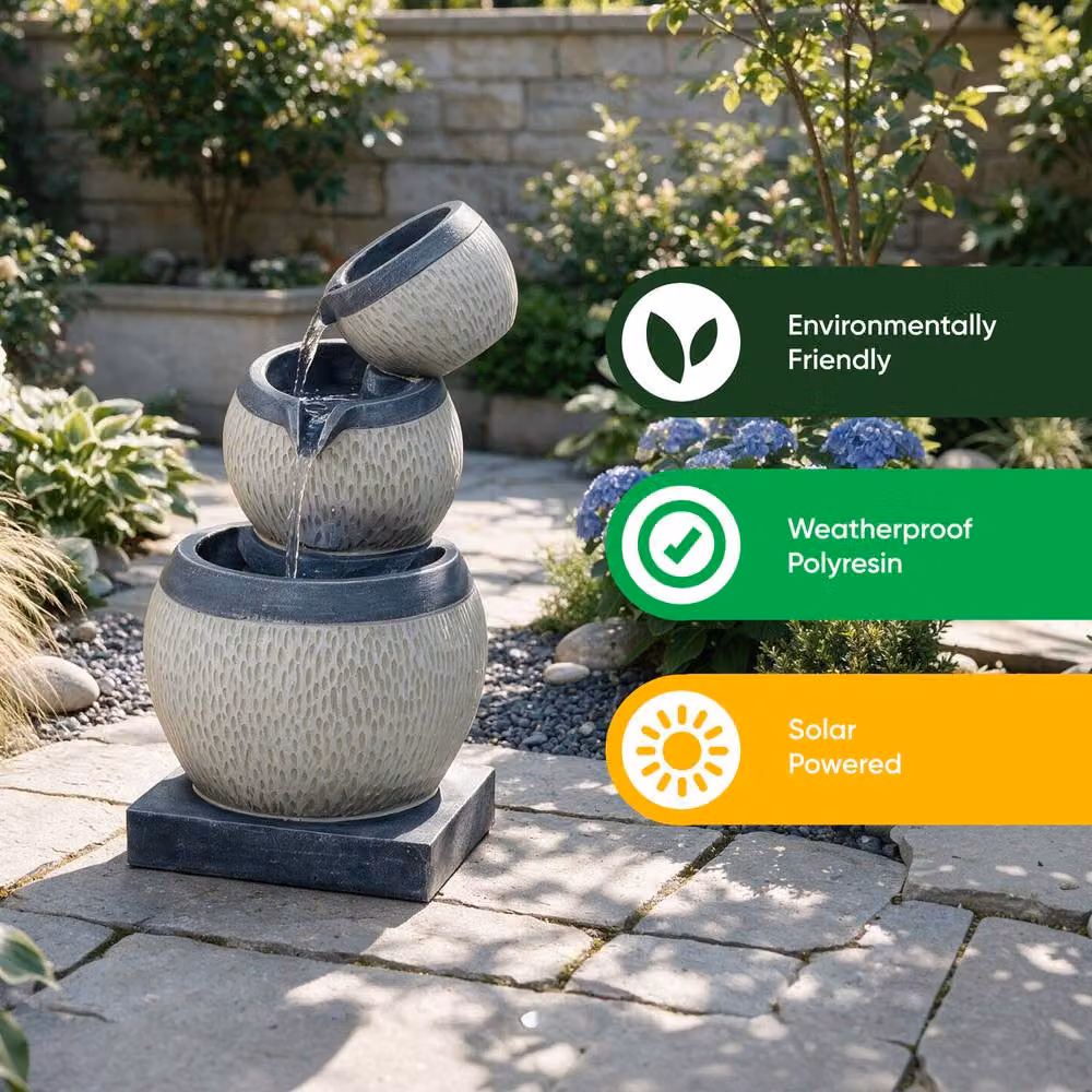 Gardenwize Solar 3-Tier Cascading Round Tabletop Water Feature in Grey and Beige – 4