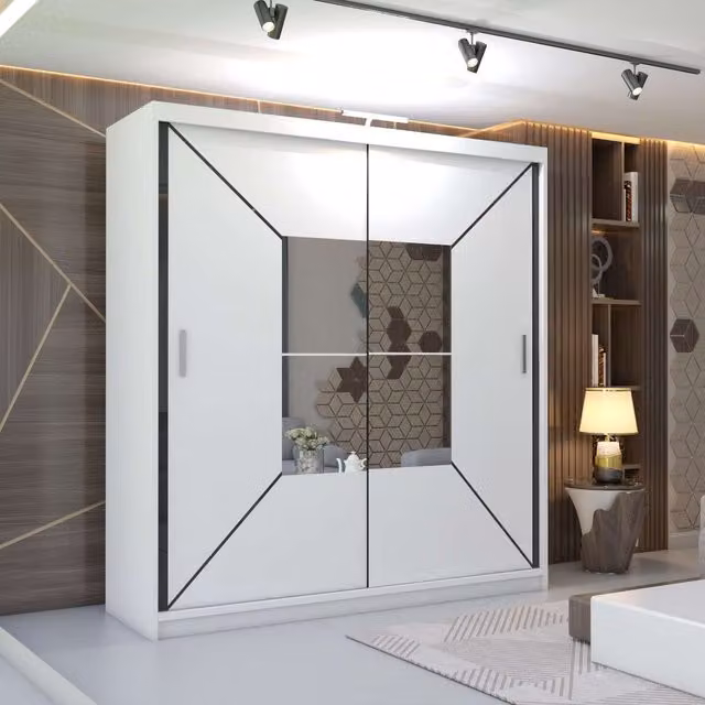 MN Furniture Naxos White Sliding Mirror Wardrobe with Integrated LED Lighting W/H: 150 x 217 cm