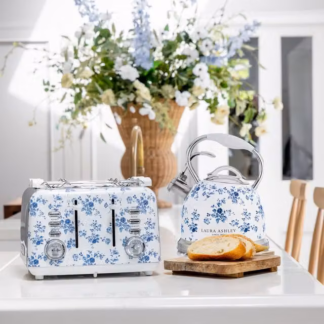 Laura Ashley China Rose Stove Top Kettle and Toaster Set in White with Stainless Steel and Ceramic Finishes