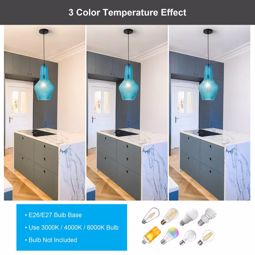 Garwarm 1 - Light Single Geometric Blue Glass Pendant Light with Adjustable Height and Dimmable Functionality – 2