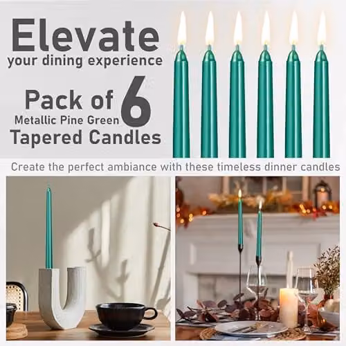 Deco Express Set of 6 Classic Unscented Taper Candles in Green – 4