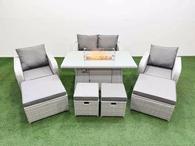 Fimous 8 Seater Outdoor Garden Furniture Set with Gas Firepit Table in Light Grey