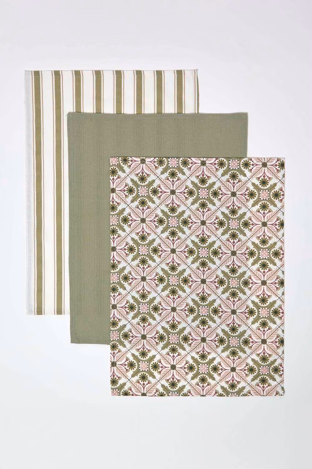 Homescapes Retro Striped Cotton Tea Towels, Set of 3, Green and Pink