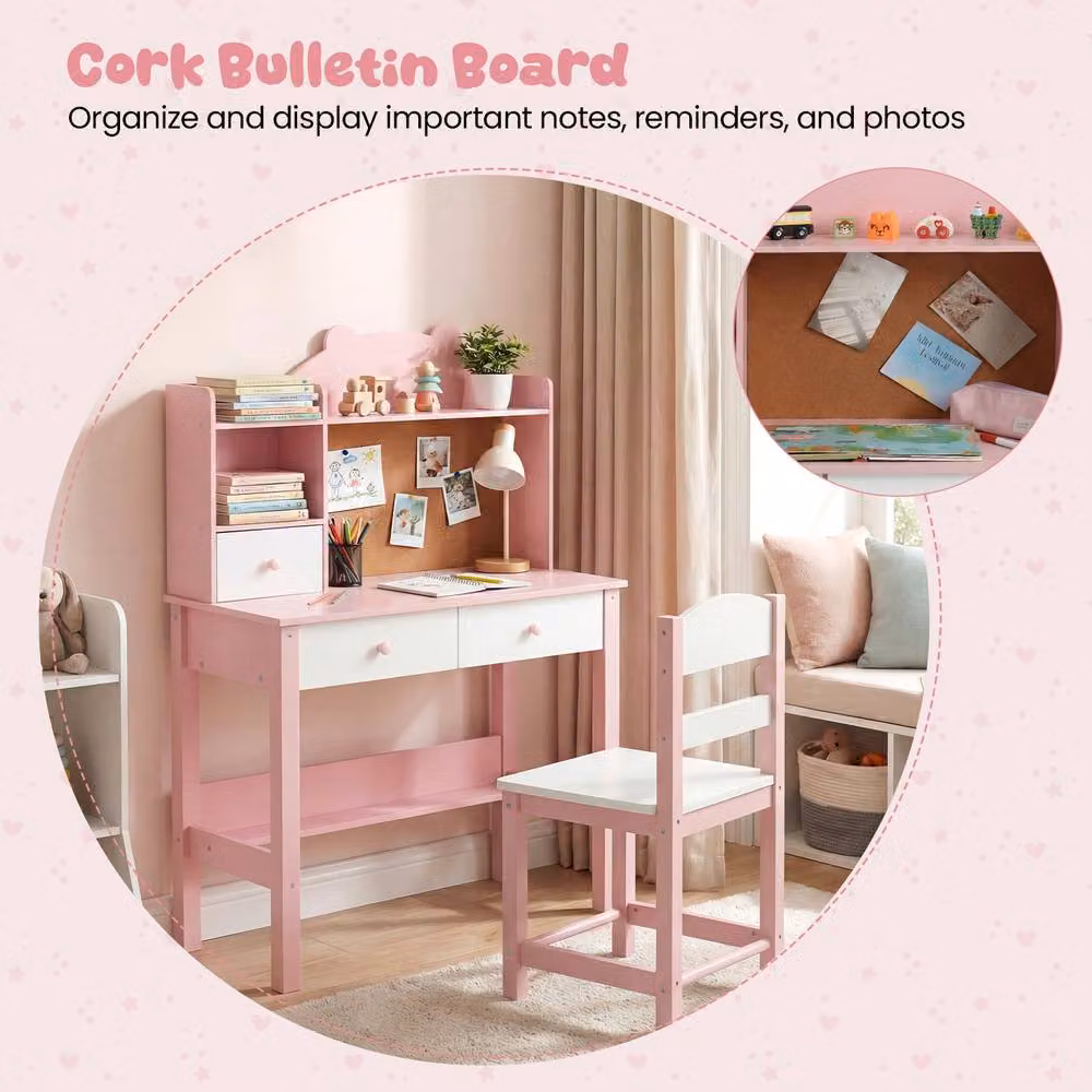 Gymax Kids Study Table and Chair Set with Storage Hutch in Pink – 2