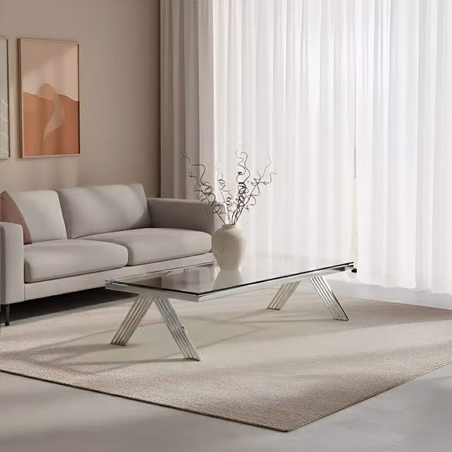 Orsina Rectangular Clear Glass Coffee Table with Silver Metal Legs, W/D/H: 130 x 70 x 35 cm