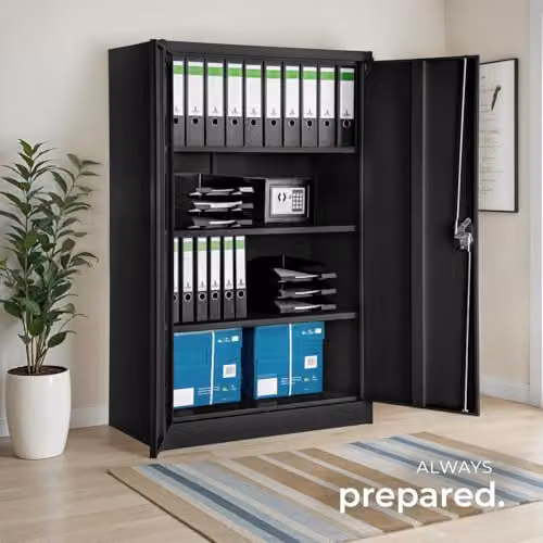 tectake Metal Lockable Filing Cabinet with Adjustable Shelves and Hinged Doors, Black or Grey, H 140 x W 90 x D 40 cm – 2