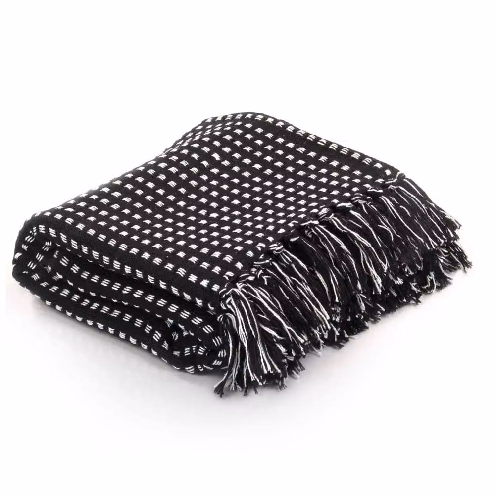 Berkfield Home Cotton Throw Squares in Black, W: 125 cm, D: 150 cm – 2