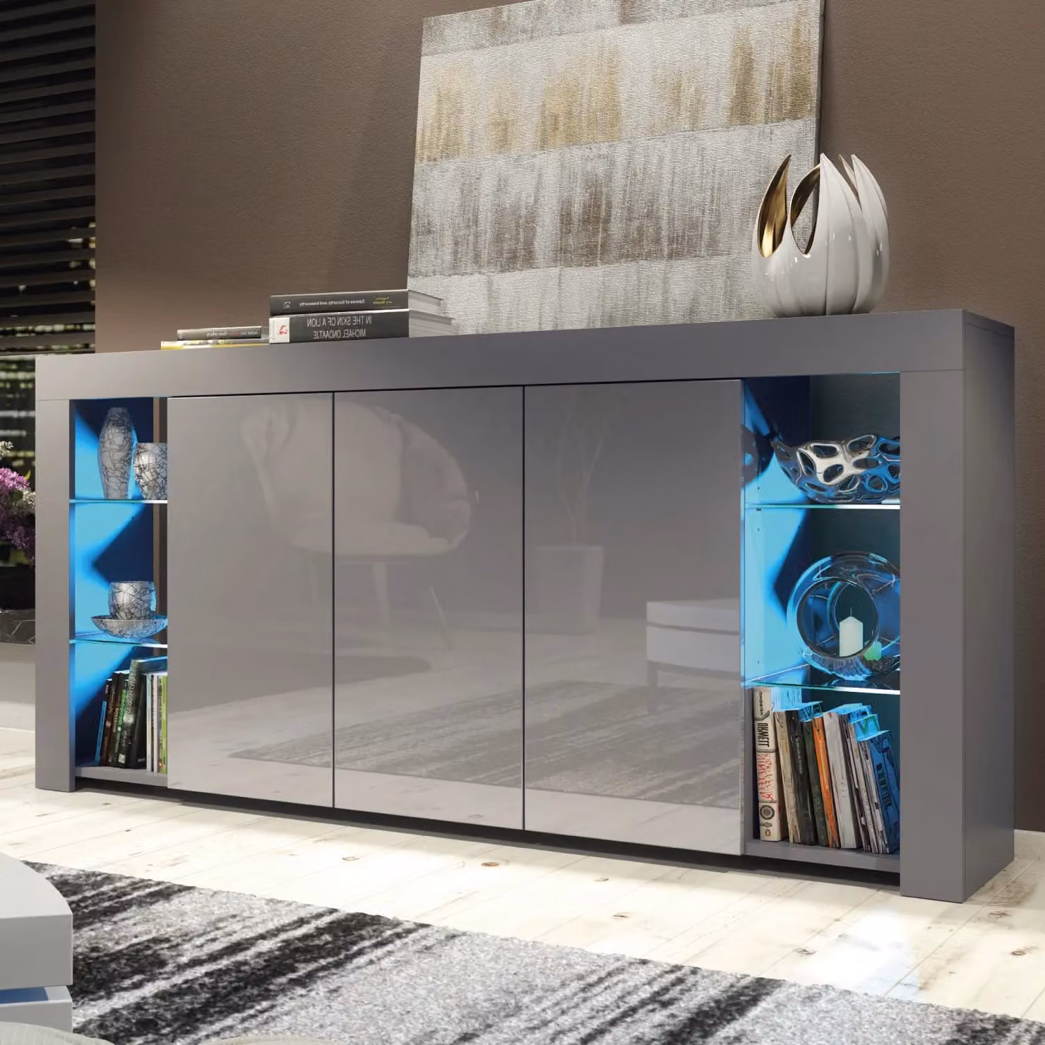 Creative Furniture Eden Sideboard with Glossy Doors and Integrated LED Lighting, Dark Grey, W: 164 cm, H: 83 cm, D: 35 cm – 3