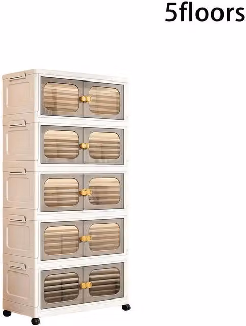 Kelvenix 5-Tier Stackable and Foldable Plastic Storage Cabinet with Wheels in Brown and White