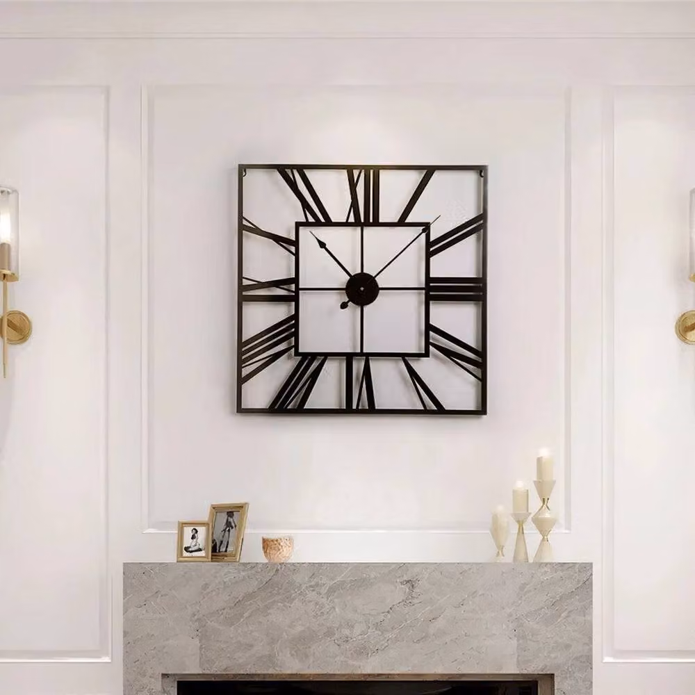 KORVIXA Black Square Metal Vintage Roman Numerals Wall Clock with Silent Quartz Movement, W/D/H: 100 x 100 x 60 cm – 2