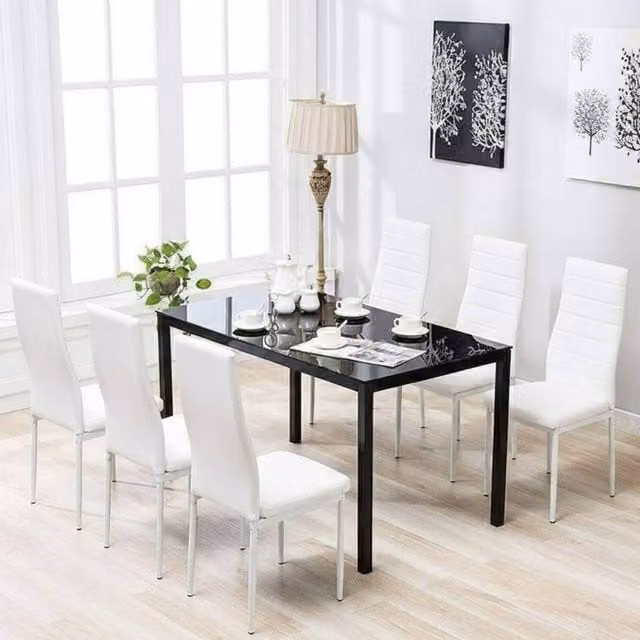 Kosy Koala Black Glossy Glass Rectangular Dining Table with 6 White Faux Leather Chairs, W/D/H: 180 x 70 x 75 cm