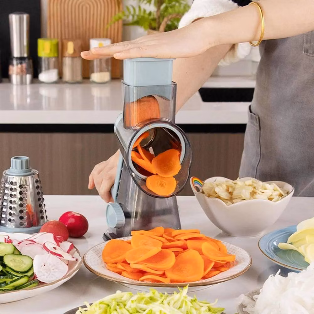 FLAVORA Blue and Grey Rotary Cheese Grater and Handheld Fruit and Vegetable Slicer with Multiple Blades, W/D/H: 100 x 100 x 100 cm – 4